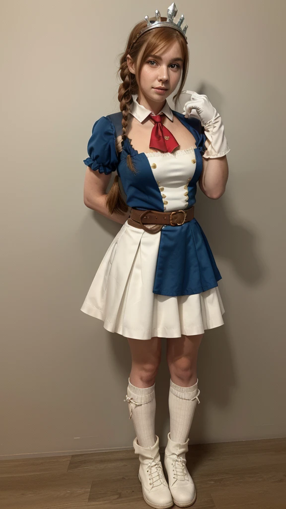 (masterpiece, best quality), 1girl, beautiful face, pecorine, blue eyes, hair ornament, long hair, orange hair, tiara, braid, hair braid,| arm belt, armor, ascot, blue socks, boots, dress, gloves, hair ornament, open clothes, open dress, pauldrons, pleated skirt, puffy short sleeves, puffy sleeves, red ascot, red skirt, short sleeves, shoulder armor, single pauldron, skirt, socks, white dress, white footwear, white gloves,
