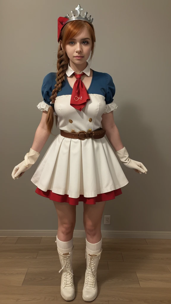 (masterpiece, best quality), 1girl, beautiful face, pecorine, blue eyes, hair ornament, long hair, orange hair, tiara, braid, hair braid,| arm belt, armor, ascot, blue socks, boots, dress, gloves, hair ornament, open clothes, open dress, pauldrons, pleated skirt, puffy short sleeves, puffy sleeves, red ascot, red skirt, short sleeves, shoulder armor, single pauldron, skirt, socks, white dress, white footwear, white gloves,