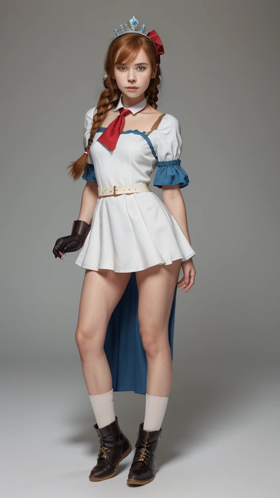 (masterpiece, best quality), 1girl, beautiful face,  pecorine, blue eyes, hair ornament, long hair, orange hair, tiara, braid, hair braid,| arm belt, armor, ascot, blue socks, boots, dress, gloves, hair ornament, open clothes, open dress, pauldrons, pleated skirt, puffy short sleeves, puffy sleeves, red ascot, red skirt, short sleeves, shoulder armor, single pauldron, skirt, socks, white dress, white footwear, white gloves,