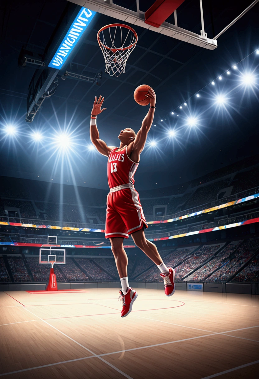 (Game-Winning Dunk), The athlete in the air is preparing to complete a high flying dunk, with the basket in front of him. The background is inside the sports arena, and the light shines down from the roof, illuminating the entire scene, full body, award-winning, cinematic still, emotional, vignette, dynamic, vivid, (masterpiece, best quality, Professional, perfect composition, very aesthetic, absurdres, ultra-detailed, intricate details:1.3)