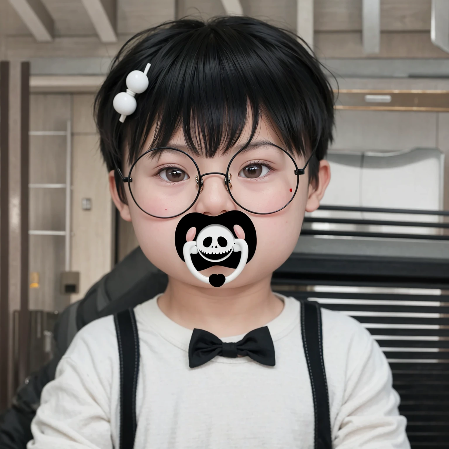 Asian toddler boy, good lighting, smooth hair, glossy skin, blur background, high quality, 8k resolution. pacifier, glasses