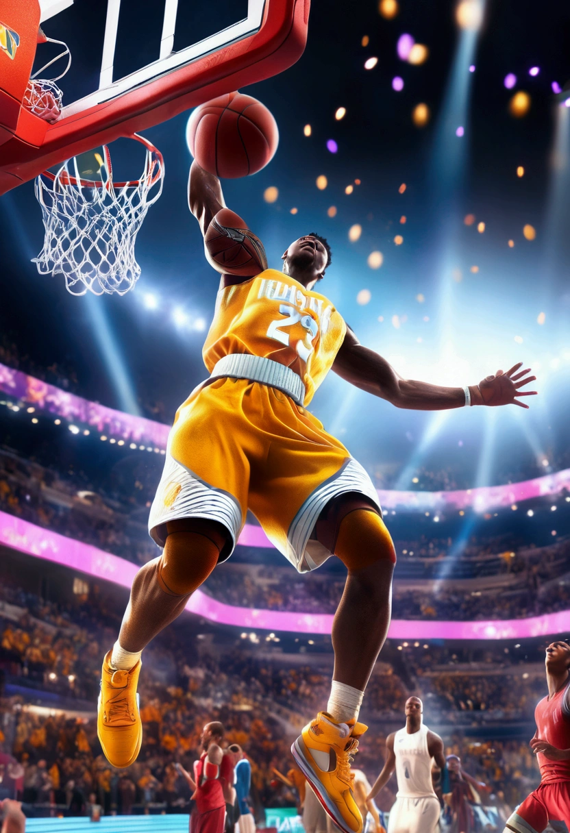 (Game-Winning Dunk), The athlete in the air is preparing to complete a high flying dunk, with the basket in front of him. The background is inside the sports arena, and the light shines down from the roof, illuminating the entire scene, full body, award-winning, cinematic still, emotional, vignette, dynamic, vivid, (masterpiece, best quality, Professional, perfect composition, very aesthetic, absurdres, ultra-detailed, intricate details:1.3)