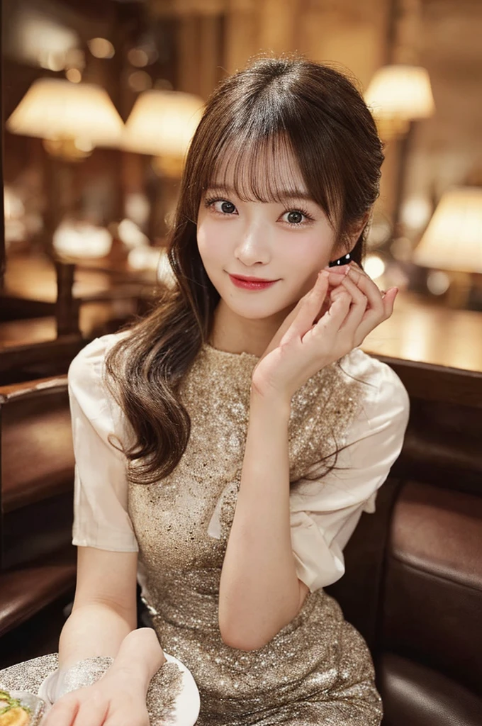 (8K壁紙),(8K),(Highest quality)、(Ultra-high resolution)、(RAW Photos、Cinema Lighting、high resolution、masterpiece),Professional photos,(Realistic, Photorealism),(high resolutionCG統合8K壁紙, Physically Based Rendering),Photorealistic,Beautiful perfectly detailed face,Beautiful perfectly detailed eyes,Beautiful perfectly detailed nose,Beautiful perfectly detailed mouth,Beautifully and perfectly detailed hand,Perfectly detailed fingertips,Beautiful detailed feet,Japanese , 18 year old Japanese girl,Beautiful beautiful thighs, Beautiful detailed hairstyle,Cute Japanese Idols,Perfect Face,Super detailed face,Attention to detail,double eyelid,summer,Angle from the front,A happy smile,Slim figure,(Random color elegant dress),looking at the camera,No makeup,ponytail,Fine dining、French、meal、indoor、Sit across the table、Sit across from the viewer、Delicious looking food、Luxury champagne、A lively interior、A cinematic scene,