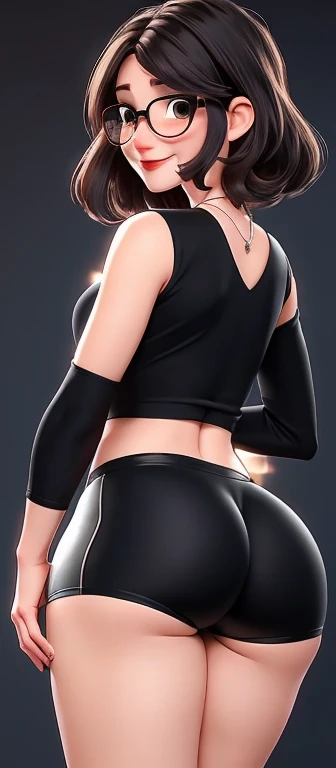 natalie portman, (best qualityer:1.4),(first Ablaze), body focus, (cute face), work of art, ultrarealistic, (((best qualityer))), ((comely Finger)), , comely body, Gorgeous character design, ,lighting perfeita, colorfully, Ablaze_front_face_lighting, ultra high resolution, high resolution, absurderes:1.2, bokeh:1.2, Lens flare, (Vibrant_colour:1.2), (comely, medium breasts:1.2), (thick-thighs:1.1), thick,
Animated female character, curvy body, full body, sideways, glasses, Pale skin, Round face, kind smile, tthin eyebrows, ((wearing very tight lycra short shorts and black top)),((wearing ultra tight shorts)), fitted shorts, silver necklace with pendant, wrinkles, Red lips, long hair, big ass view, ((show your ass)), ((view from the back)), shot from behind, keep the same proportions, showing thighs, full body