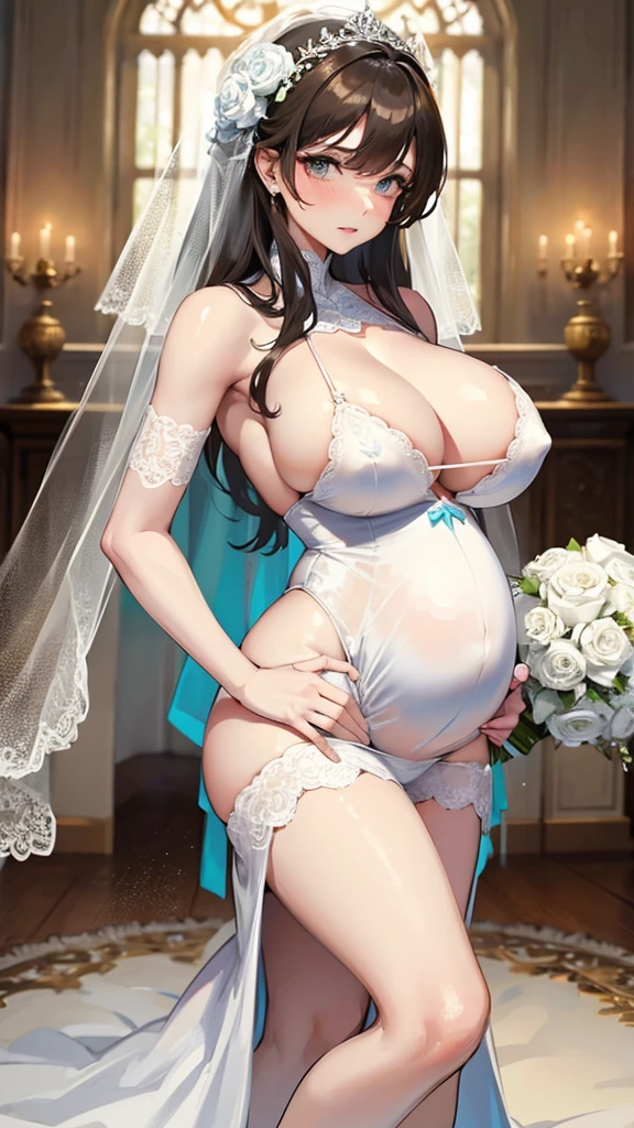 Pregnant girl with huge breasts wearing a micro bikini and a wedding dress with a veil and bouquet