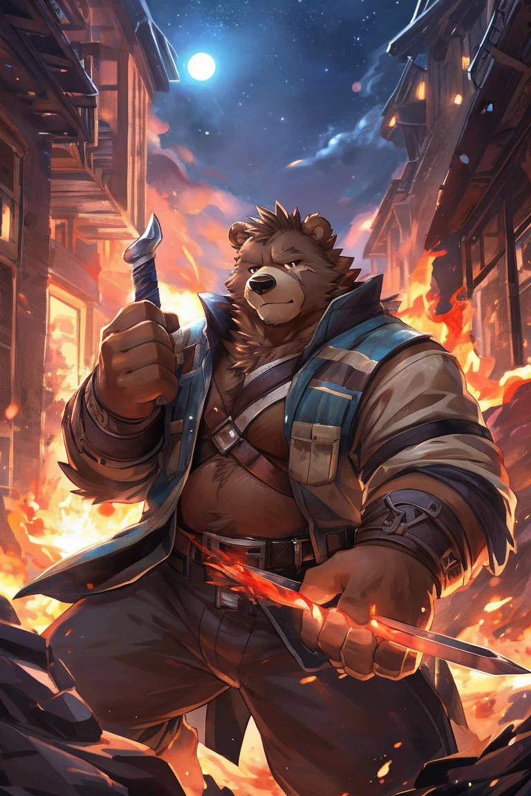 human nature, Wildlife, male,36 years old,Uncle, solitary, ((Round Face, The face is plump,Orange eyes,thick brown hair,Furry little ears with scars)), ((Endomorph, Handsome的,Hot Blood)), (construction worker,White architectural clothing,Holding a flaming military long sword), ((domestic brown bear, Bear Orc,) Fluffy fur, Fluffy), Bokeh, (high quality, high resolution, masterpiece), (Dynamic Lighting, Vibrant colors,Natural fill light), (Revitalize,Handsome,), Full body picture (close up), cartoon, author:Takemoto Arashi, From zixiong, By Chunni, author:Empty Ghost,moonlight,Draw the sword on the cliff,Lean on your teammates' backs,Two-player combat,Night,Surrounded,Beautiful starry sky,(background:moonlight的悬崖边)