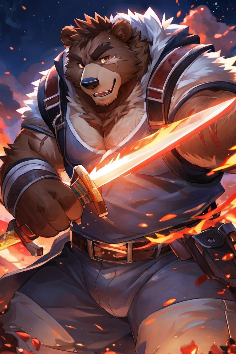 human nature, Wildlife, male,36 years old,Uncle, solitary, ((Round Face, The face is plump,Orange eyes,thick brown hair,Furry little ears with scars)), ((Endomorph, Handsome的,Hot Blood)), (construction worker,White architectural clothing,Holding a flaming military long sword), ((domestic brown bear, Bear Orc,) Fluffy fur, Fluffy), Bokeh, (high quality, high resolution, masterpiece), (Dynamic Lighting, Vibrant colors,Natural fill light), (Revitalize,Handsome,), Full body picture (close up), cartoon, author:Takemoto Arashi, From zixiong, By Chunni, author:Empty Ghost,moonlight,Draw the sword on the cliff,Lean on your teammates' backs,Two-player combat,Night,Surrounded,Beautiful starry sky,(background:moonlight的悬崖边)