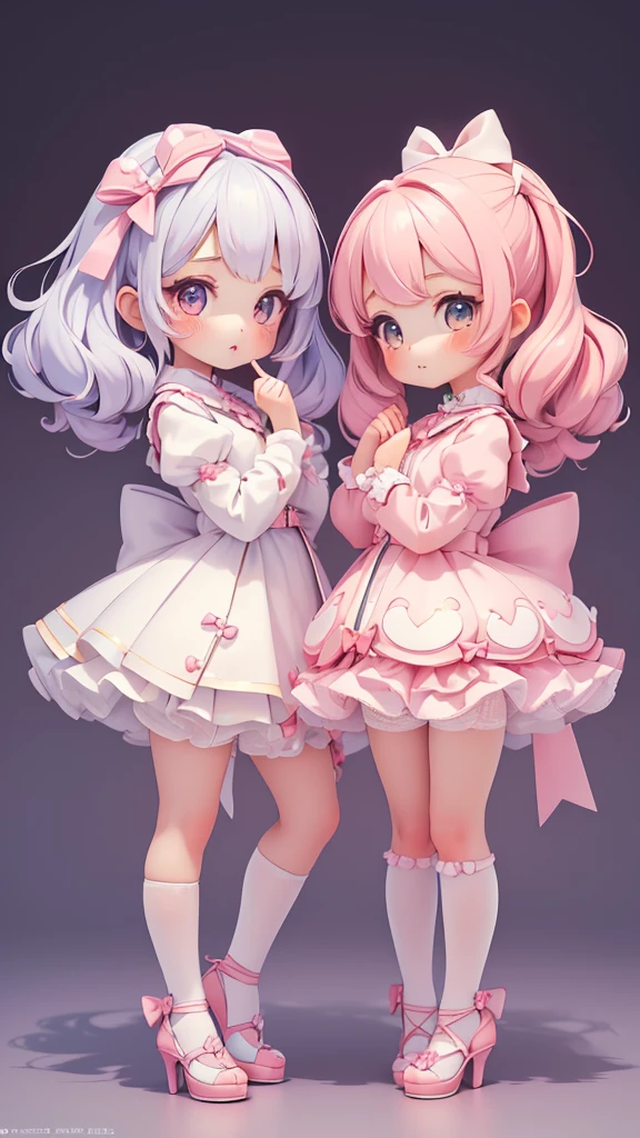 ((petite bishojo, little 2girls)), ((cute face)), ((cute puffy eyes)), ((masterpiece)), ((best quality)), ((ultra detailed)), ((exquisite)), ((8k)), ((crisp)), ((depth)), ((beautiful and aesthetic)), (super detailed skin), ((high standard)), ((highres)), ((perfect anatomy)), (full body), (blush), (lipstick), (kawaii, jk), (bow in hair), (kawaii pose), (perfect fingers)