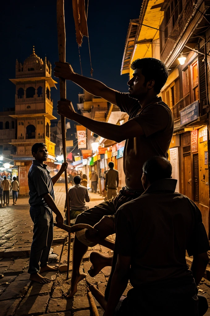 At night in Varanasi, a man hits another man on the head with a stick.