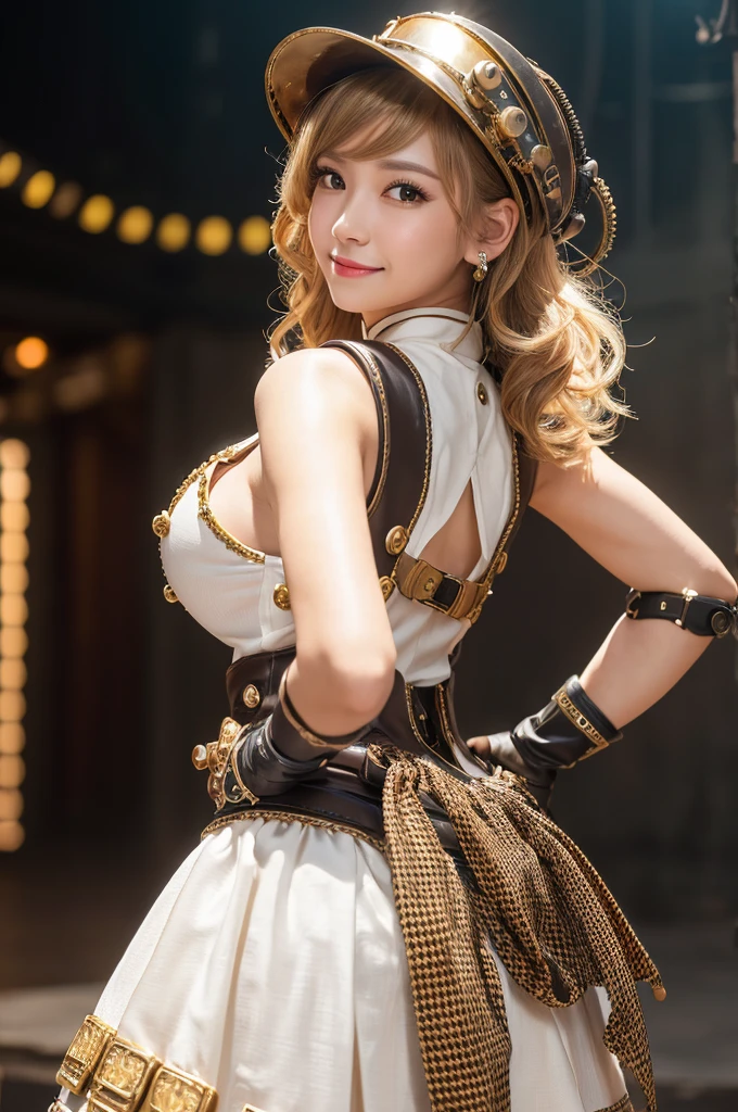 Woman portrait、Highest quality、Rear view、8k, clear, Fine skin、Clear, beautiful eyes、whole body、Curly Hair、My hair was messed up by the wind、The beauty of a smile、(Big Breasts、tall)、,(Hip_superior, Hip superior), Mature Woman,( Watching the audience),Realistic, High resolution, Soft Light,1 female, alone, Hipアップ, Glowing Skin, (Detailed face), Perfect Style, Perfect balance,blonde hair,Long Hair,Fine Skin,((Gorgeous steampunk hanbok,gyaru、Houndstooth)),Steampunk style girl、Costumes decorated with lots of gear and watches,(White and Gold, High-tech Mecha,white dress shirt、buttons、epaulettes,beads,elbow gloves,Short jeweled tie、Gemstone Helmet,belt steampunk bodystocking,High leg、jewelry)、((arms behind back)),(bokeh),(studio lighting)