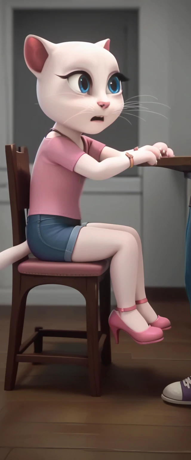 1 girl, cat, white fur, long whiskers on both sides of the face, large bright blue eyes, large black eyelashes, small pink nose, triangular ears with pink channels. There are high heels, short jeans, 1 girl and 1 boy. side view man sits on chair opens his legs woman cross legs man is sitting having sex.fucking penis in anus rape