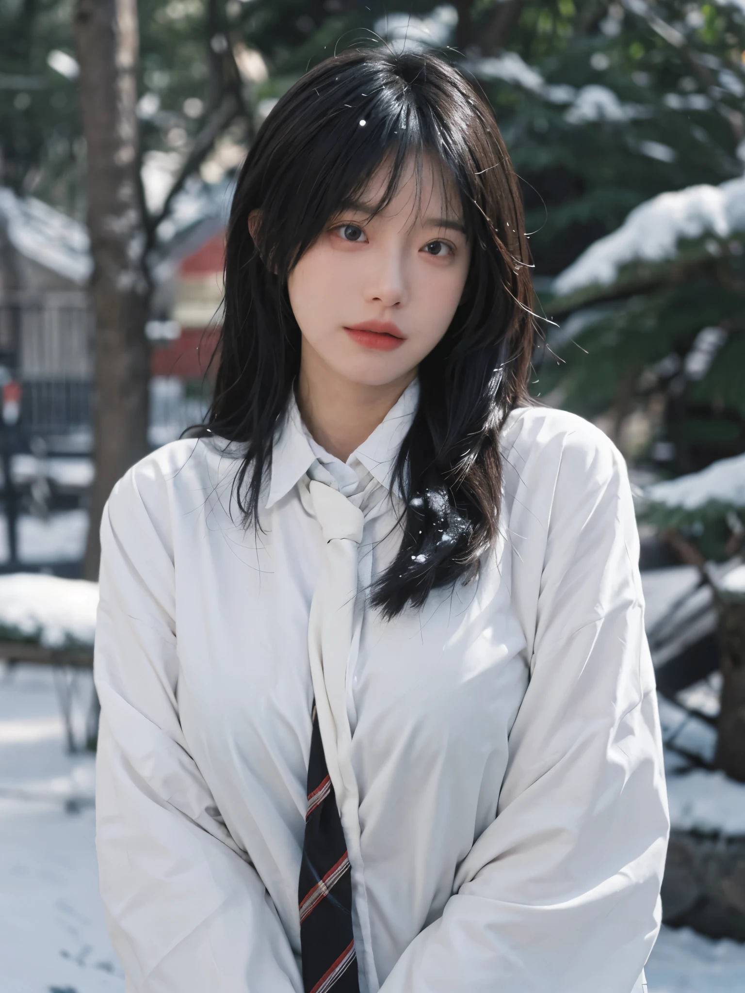Best quality，masterpiece，Ultra-high resolution，snow，16K,Snow background，（Photo Realism：1.4),1 Girl，JK，Sexy，（Shirt and Tie：1.2),（Big breasts：1.3),（Upper body：1.4)
