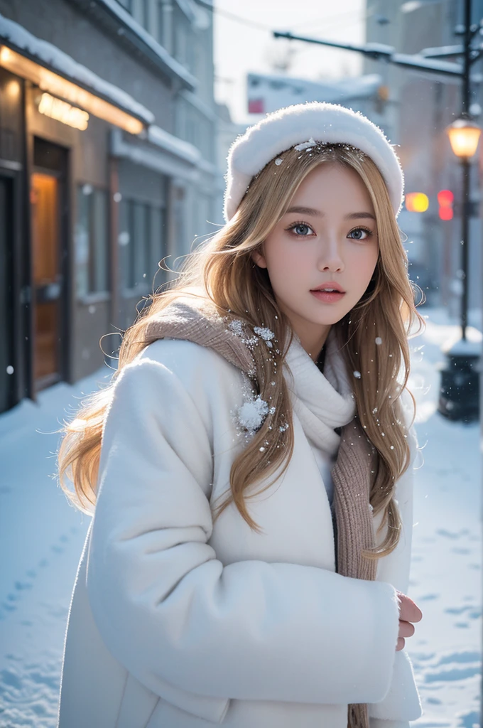 proFessional portrait photograph oF a gorgeous Norwegian girl in winter clothing with long wavy blonde hair, sultry Flirty look, gorgeous symmetrical Face, Cute natural makeup, wearing elegant warm winter Fashion clothing, ((Stand outside the snow-capped city streets)), Stunning modern city environment, Surreal, Concept Art, elegant, Very detailed, complex, sharp Focus, depth oF Field, F/1. 8, 85 mm, Mid-shot拍摄, Mid-shot, (((proFessionally color graded))), bright soFt diFFused light, (Volumetric fog), Trending topics on Instagram, hdr 4k, 8K