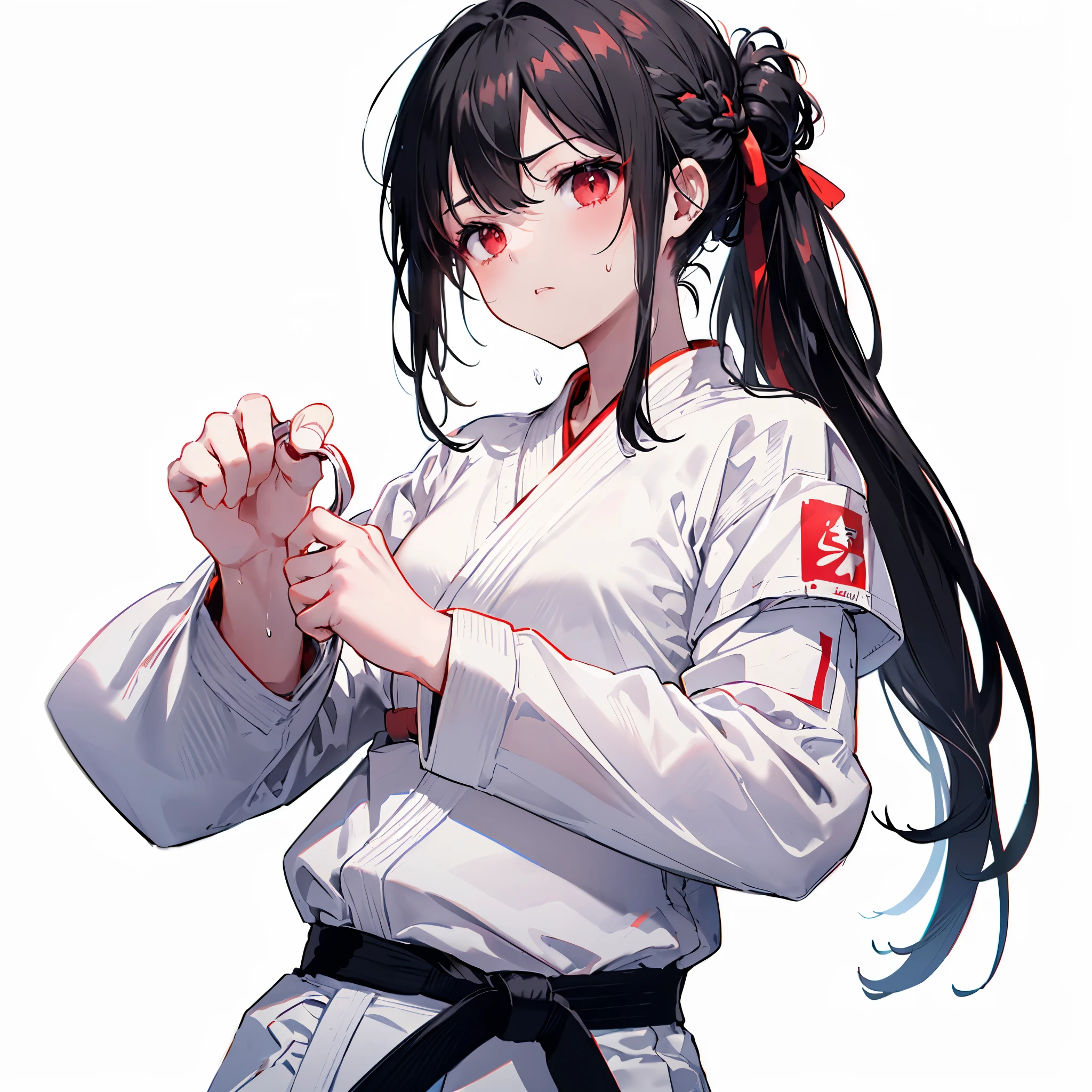 ((((Karate Black belt、Straight punch Make a crack)))) (((White Doshi White trousers、Sweat Bright red eyes Black Hair Long Hair Tie your hair back))) ((Black background Front close-up)) Shining Edge Shining Background