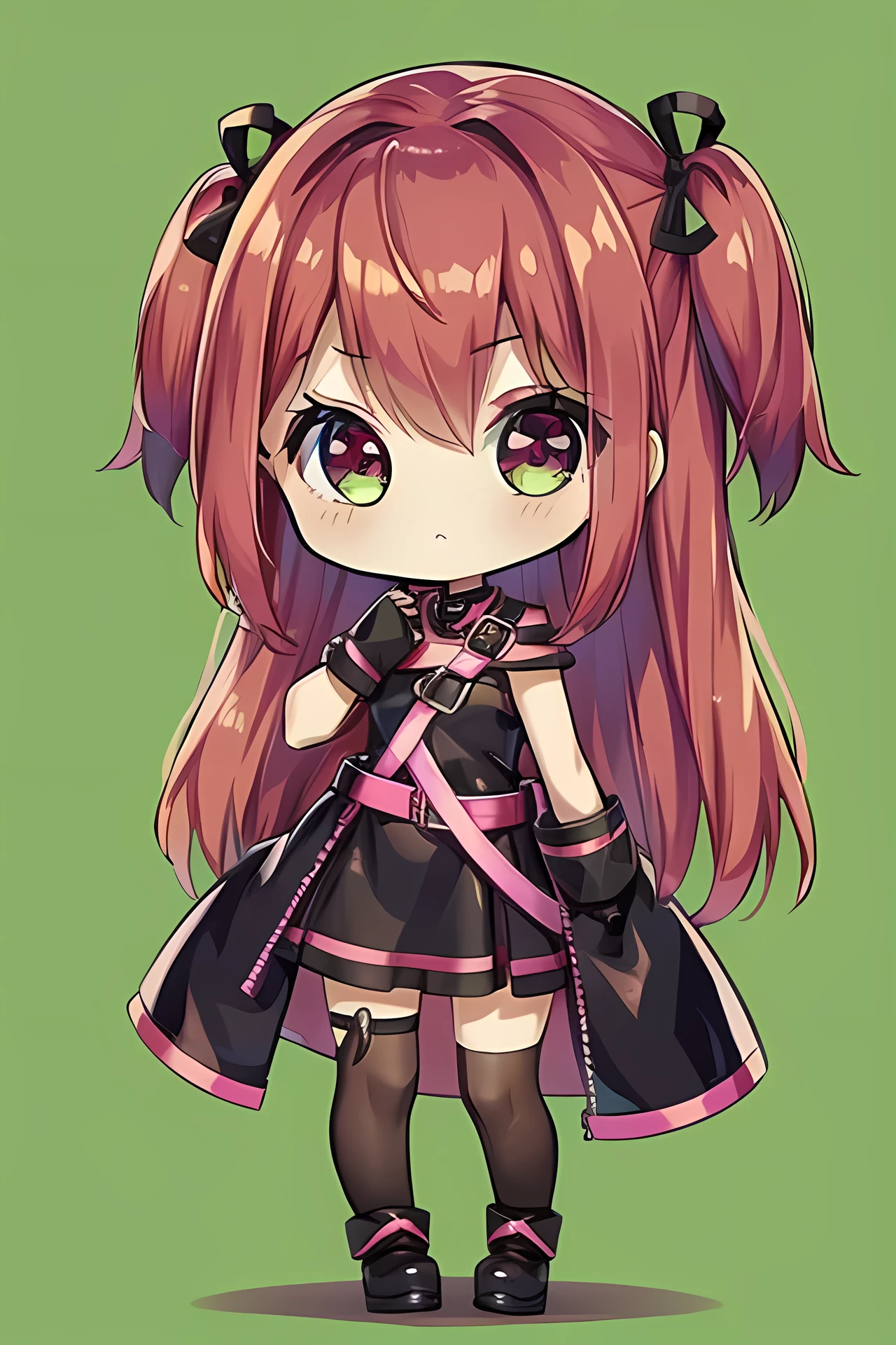 1girl、heavymetal、chibi、black leather、pink hair、green background、brown eye、standing、left facing、red ribon、arm Intersection、