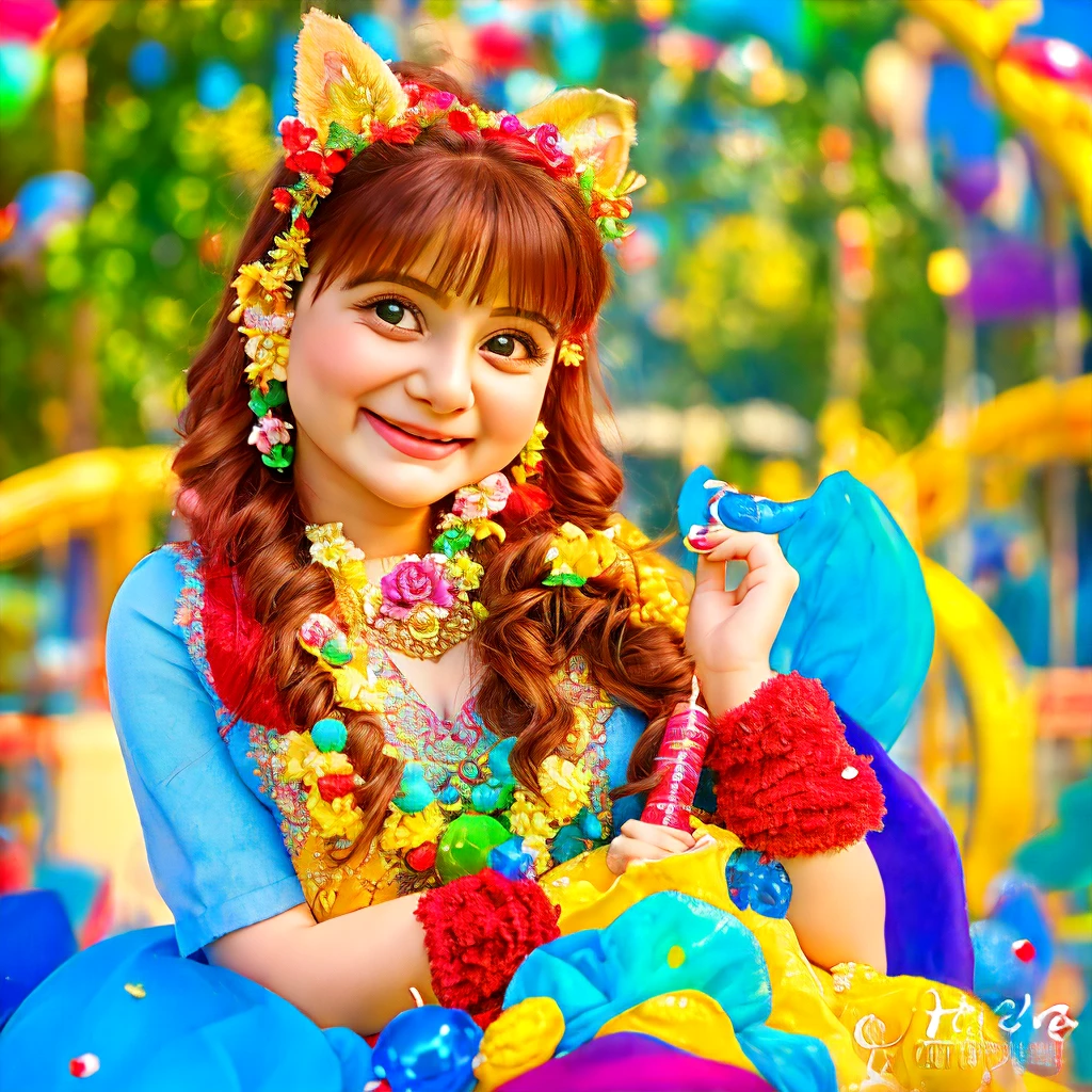 Cute baby Pixar style round blue red Pomeranian baby, little one, with cute ears, happy laughter, purple water spirit big eyes, with light green fairy color rose sea, yellow background, sunlight down, fairy tale world, HD Dinis, super details, wearing a beautiful garland, playing with daddy in the amusement park,