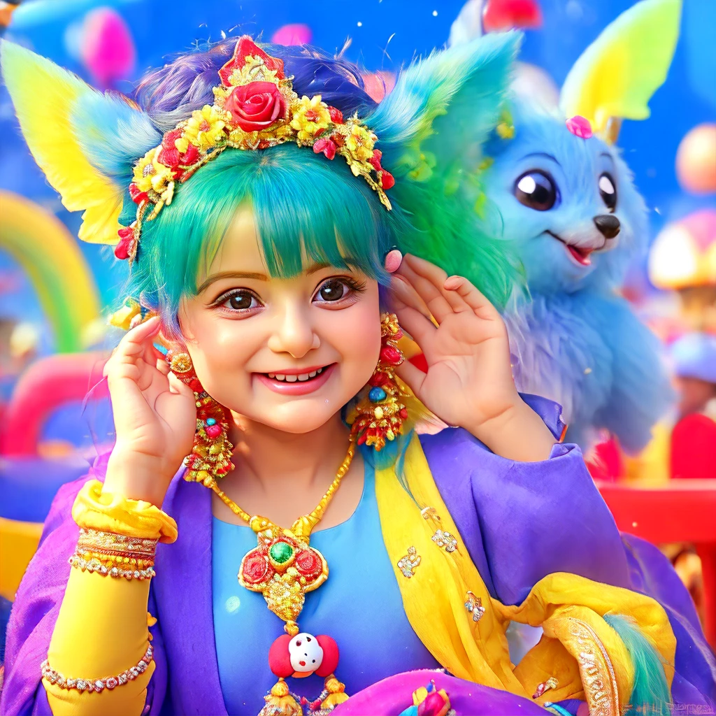 Cute baby Pixar style round blue red Pomeranian baby, little one, with cute ears, happy laughter, purple water spirit big eyes, with light green fairy color rose sea, yellow background, sunlight down, fairy tale world, HD Dinis, super details, wearing a beautiful garland, playing with daddy in the amusement park,