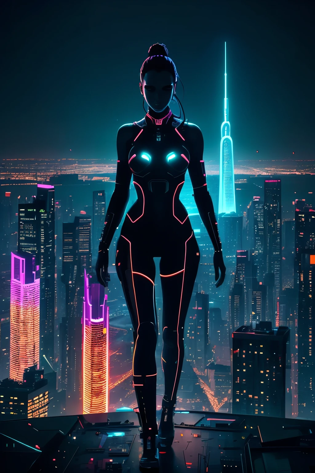 In the heart of a dystopian metropolis, bathed in the neon glow of vibrant city lights, stands a figure embodying the fusion of technology and human bio-integration. This cyberpunk illustration showcases a sleek silhouette with intricate cybernetic implants, weaving an intricate tapestry of wires and circuits that seamlessly blend with the individual's skin, creating a captivating play of light and shadow.
The high-tech environment surrounding the figure is a mesmerizing spectacle of futuristic architectural forms, towering structures of glass and steel that loom over the crowded streets below. The gleaming buildings, with their sharp