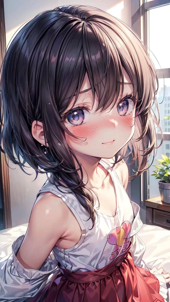 (Ultra-high resolution of the highest quality, masutepiece, Best Quality, 8K, Super Detail, Best Quality:1.3), (Anatomically correct:1.3), (face shot:1.6), (1 ), (Child), (Loli), (inf, (Small body), (flat chest), (elementary school student), (blush face:1.6), short black wavy hair, bangs hair over eyes, (drooping eyes), (loose sweater), girl's own room, funny smile, (beautiful hair, beautiful eyes, beautiful face) (face focus, human ear focus, clavicle focus), from side