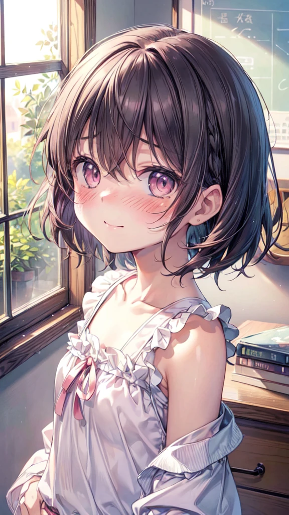 (Ultra-high resolution of the highest quality, masutepiece, Best Quality, 8K, Super Detail, Best Quality:1.3), (Anatomically correct:1.3), (face shot:1.6), (1 ), (Child), (Loli), (inf, (Small body), (flat chest), (elementary school student), (blush face:1.6), short black wavy hair, bangs hair over eyes, (drooping eyes), (loose sweater), girl's own room, funny smile, (beautiful hair, beautiful eyes, beautiful face) (face focus, human ear focus, clavicle focus), from side