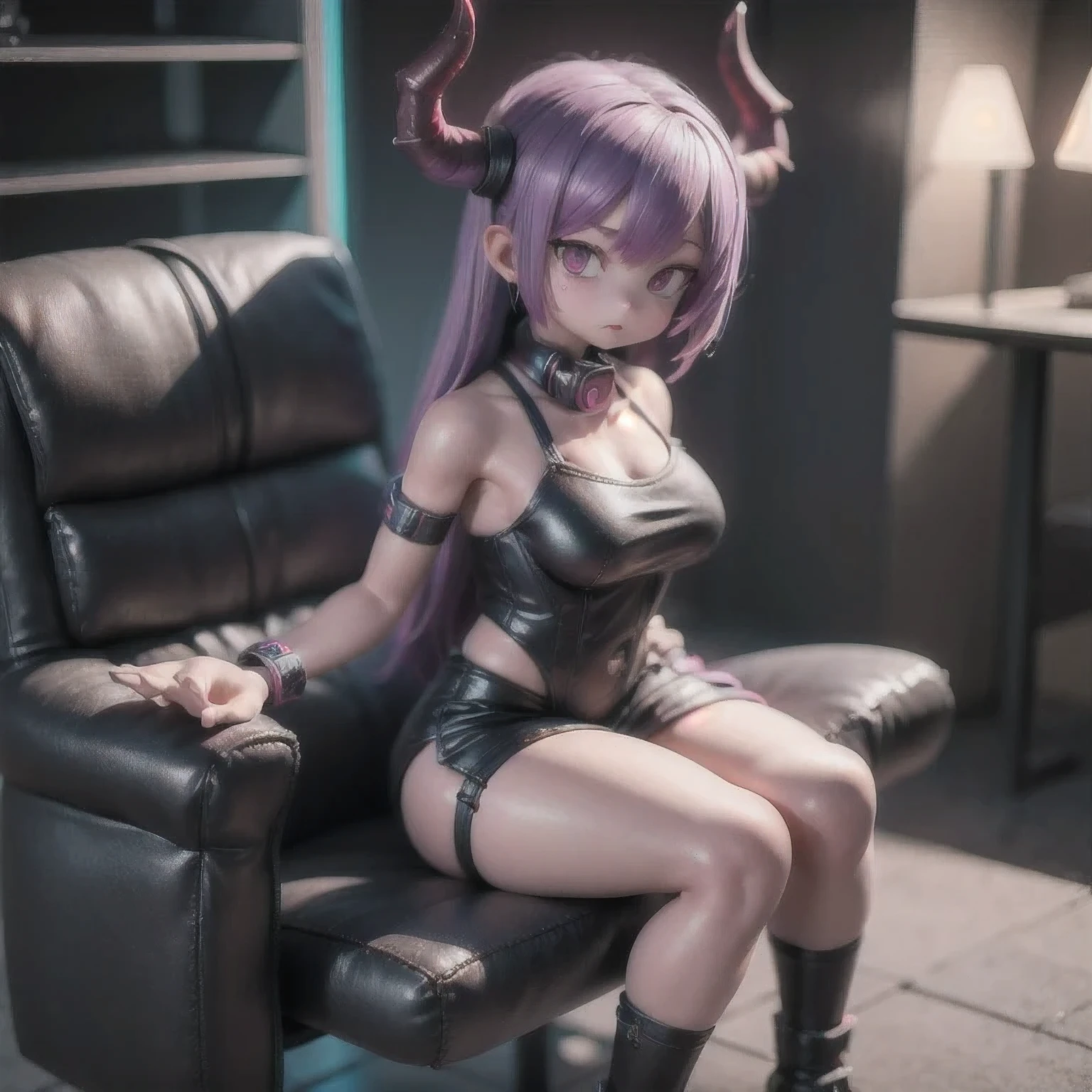 arafed girl with purple hair sitting on a black chair, realistic anime 3 d style, 3 d anime realistic, realistic artstyle, hyper realistic anime, anime style. 8k, photorealistic anime girl render, anime styled 3d, realistic anime artstyle, hyper-realistic cyberpunk style, anime realism style, Dreamy Cyberpunk Girl，(Seventh Hell:1.8) (Ecological library:1), ((Raw, Analog style)), light, Atmospheric Lights, Divine Light, Extremely detailed, bloom, Theatrical atmosphere, Center, rule oF thirds, F/1.4, 6 mm, High Angle Shot,