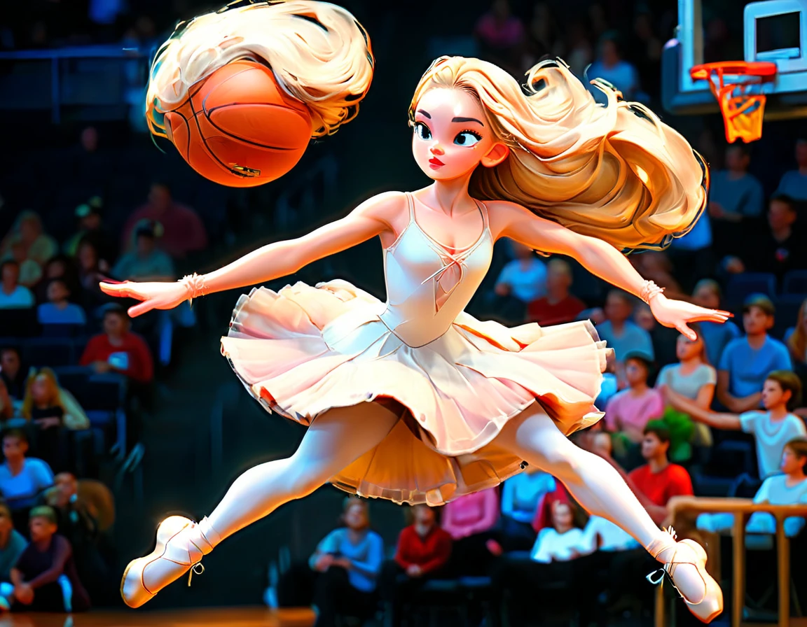 Arafed a sports capture picture of a beautiful ((ballet dancer: 1.5)),  (dunking at a basketball game: 1.3) at a basketball game, an exotic beautiful ballet dancer, blond hair, long hair, dynamic eyes color, concentrated look, determined look, best detailed face, dynamic skin color, wearing ballet clothes and shoes, and dunking, ultra wide shot, photorealistic, vibrant, Ultra-high resolution, High Contrast, (masterpiece:1.5), highest quality, Best aesthetics), best details, best quality, highres, ultra wide angle, 16k, [ultra detailed], masterpiece, best quality, (extremely detailed),