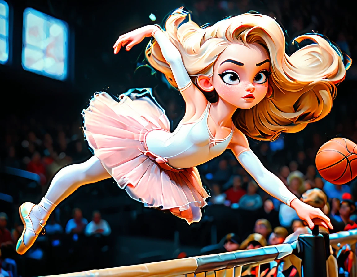 Arafed a sports capture picture of a beautiful ((ballet dancer: 1.5)),  (dunking at a basketball game: 1.3) at a basketball game, an exotic beautiful ballet dancer, blond hair, long hair, dynamic eyes color, concentrated look, determined look, best detailed face, dynamic skin color, wearing ballet clothes and shoes, and dunking, ultra wide shot, photorealistic, vibrant, Ultra-high resolution, High Contrast, (masterpiece:1.5), highest quality, Best aesthetics), best details, best quality, highres, ultra wide angle, 16k, [ultra detailed], masterpiece, best quality, (extremely detailed),