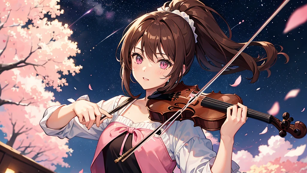 One girl with brown hair and pink eyes, ponytail, playing the violin, starry sky