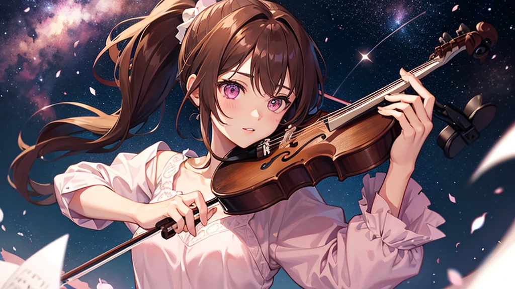 One girl with brown hair and pink eyes, ponytail, playing the violin, starry sky