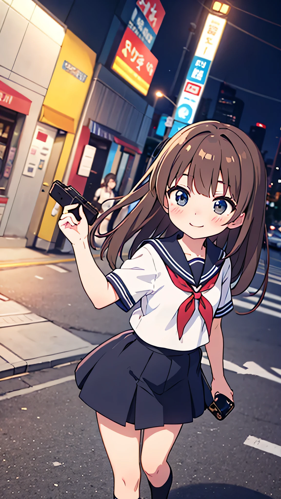 {Highest quality}, {Super beautiful},{Ultra fine},{Best illustration},Brown Hair,Hime cut,semi-long,Bangs,Standing Woman,Sailor suit,Short sleeve,knit cardigan,Long black skirt,Night Park,Embarrassed,smilingly,Blushing,Slender women,Black knee-high socks,Black Loafers,From an angle,From above