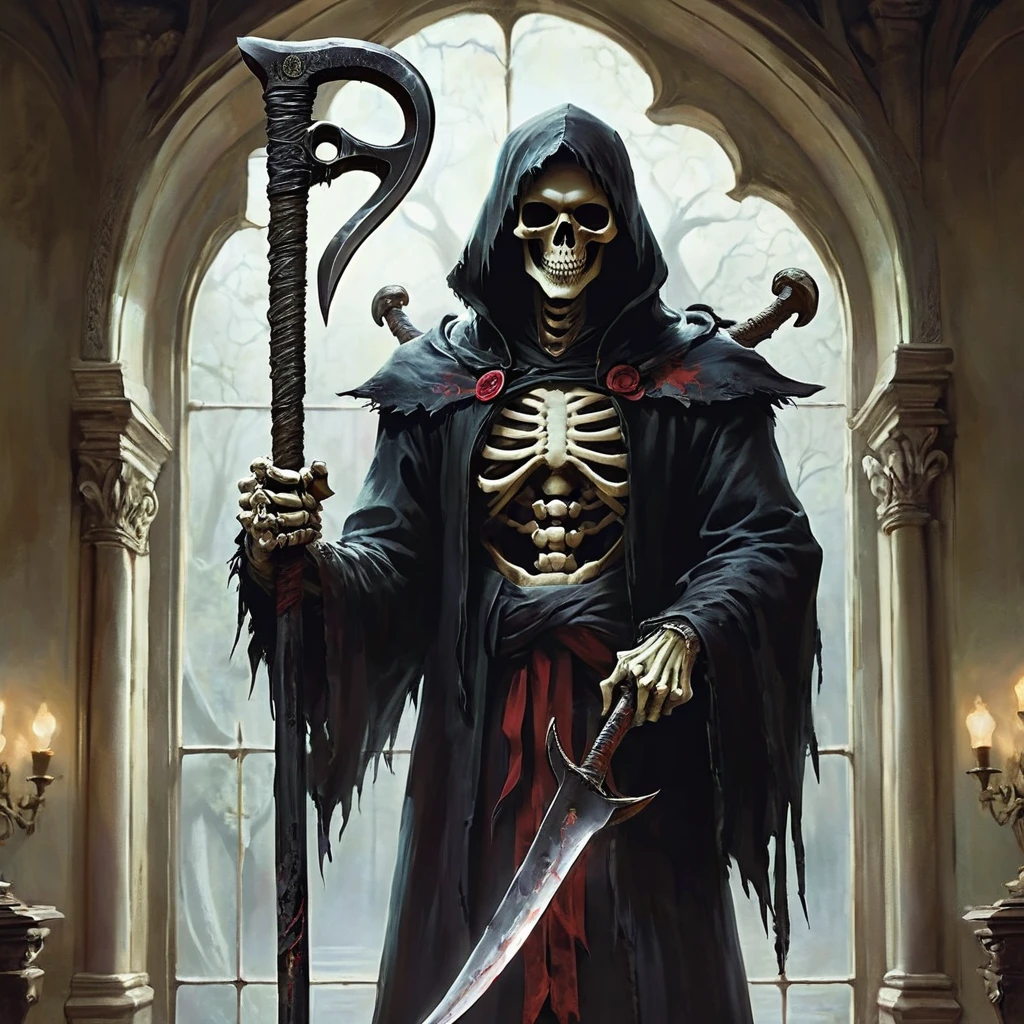 Grim Reaper holding a large scythe、death note、horror film, 90年代のhorror film風, Cinematic