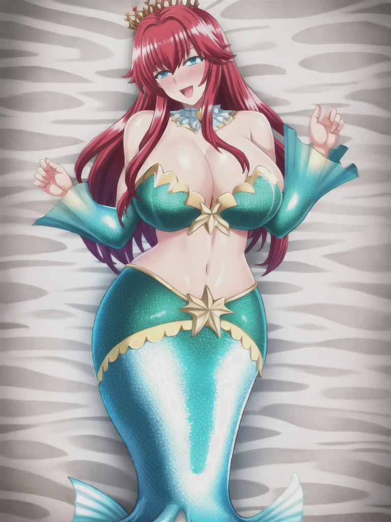 Mermaid, solo, mermaid tail below waistline, underwaters, pearl crown, red hair, long hair, blue eyes, bra, large breasts, cleavage, happy, blush, full body,