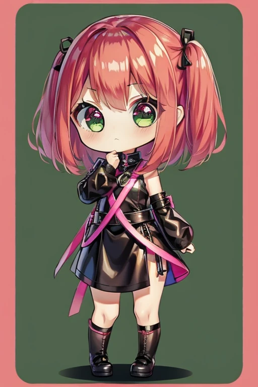 1girl、heavymetal、chibi、black leather、pink hair、green background、brown eye、standing、left facing、red ribon、arm Intersection、頭に赤いリボン、