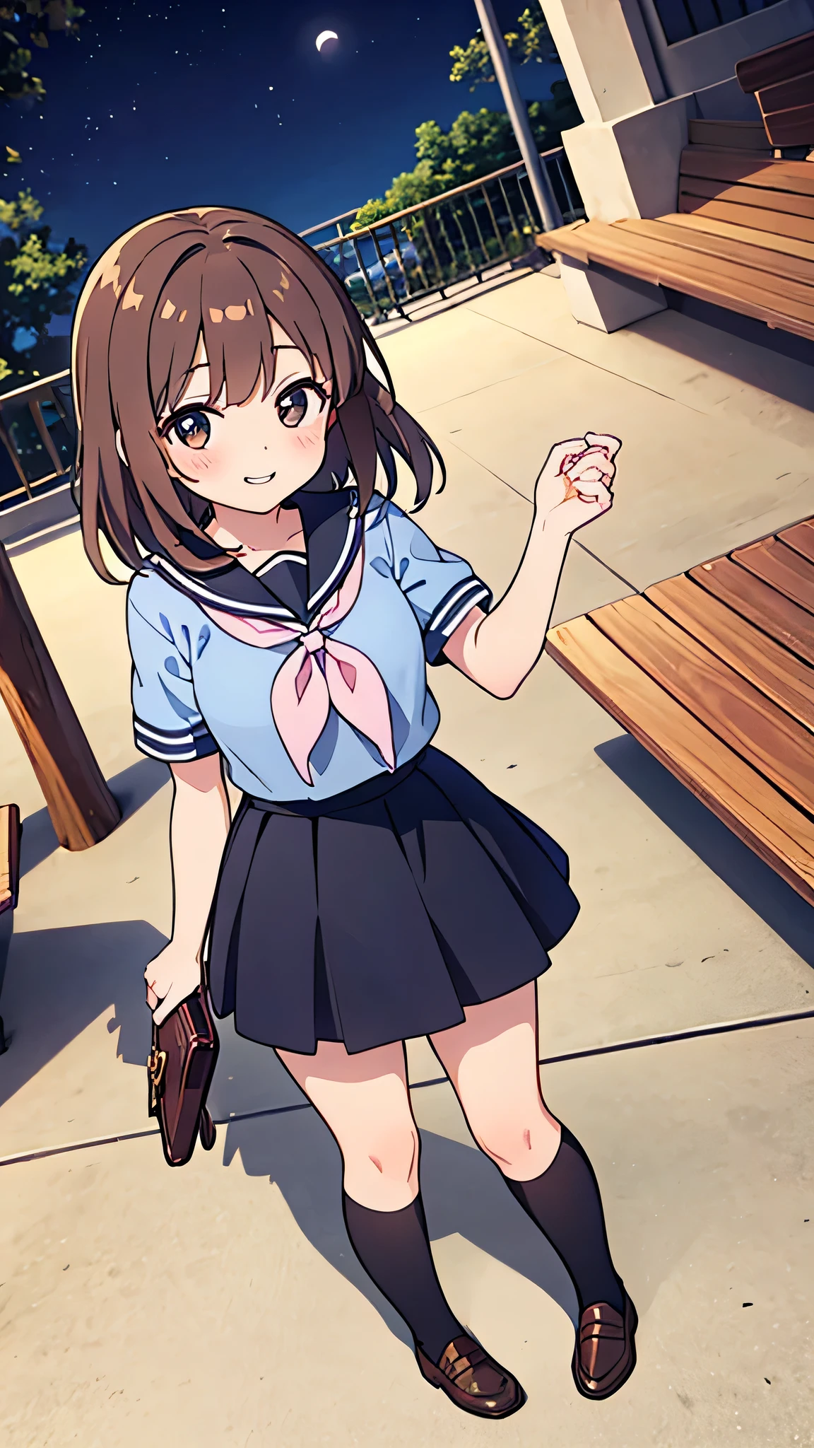 {Highest quality}, {Super beautiful},{Ultra fine},{Best illustration},Brown Hair,Hime cut,semi-long,Bangs,Standing Woman,Sailor suit,Short sleeve,knit cardigan,Long black skirt,Night Park,Embarrassed,smilingly,Blushing,Slender women,Black knee-high socks,Black Loafers,From an angle,From above