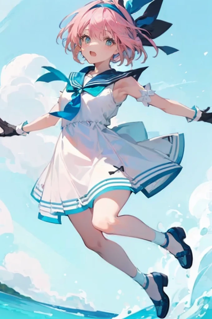 snwf,(((pink hair))) ,((green eye)), short hair, ((( short tale))),skinny body, mainly white and sky blue hem sundress,blue hairband,laugh with open mouth,((black long gloves)), (((blue sailor color))), (((blue thin neck ribbon))),one hair ribbon,((full body))