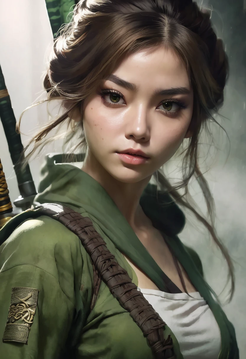 1 woman, inside a manual weapons room, wearing a moss green ninja outfit, detailed facial features, brown and feminine eyes, detailed white skin, brown hair with double bun, image showing full body, dramatic lighting, cinematic composition, palette cold, dark colors, atmospheric fog, strong body, thin chin, (best quality, 4K, 8K, high resolution, art: 1.2), ultra-detailed, (realistic, photorealistic, photorealistic: 1.37)