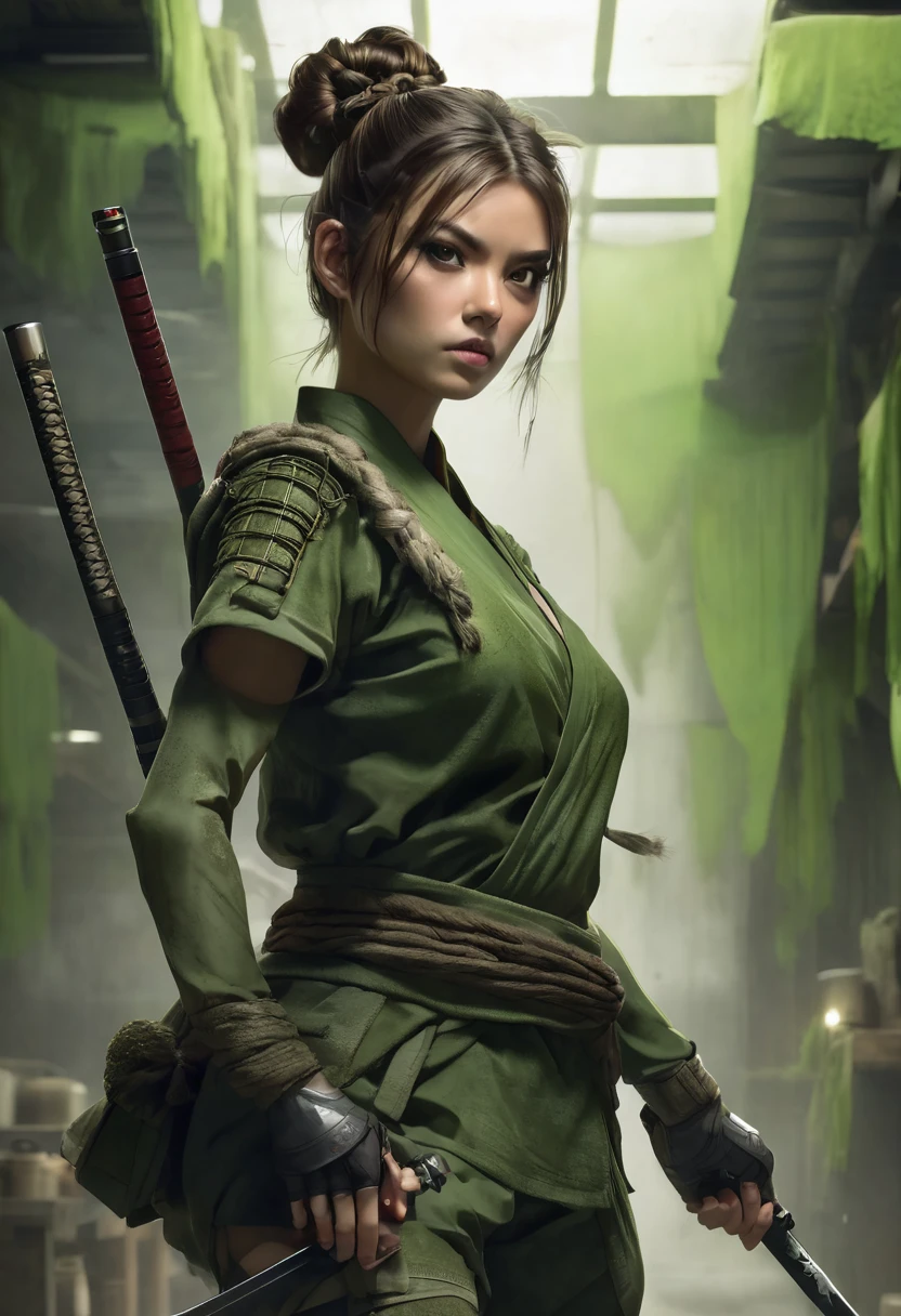 1 woman, inside a manual weapons room, wearing a moss green ninja outfit, detailed facial features, brown and feminine eyes, detailed white skin, brown hair with double bun, image showing full body, dramatic lighting, cinematic composition, palette cold, dark colors, atmospheric fog, strong body, thin chin, (best quality, 4K, 8K, high resolution, art: 1.2), ultra-detailed, (realistic, photorealistic, photorealistic: 1.37)