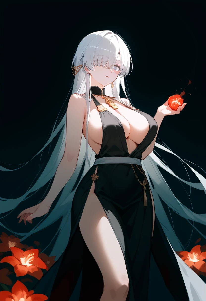 score_9, score_8_up, score_7_up, 1girl, white hair, bangs, hair over one eye, grey eyes, long hair, pale skin, huge breasts, wide hips, plunging neckline, black dress, backless, pelvic curtain, anastasia (fate), acheron_red, unaestheticXL_bp5, aidxlv05_neg, (SuperQuality:1.2), (negative_v2 Color_Balance_Calibration:0.8)