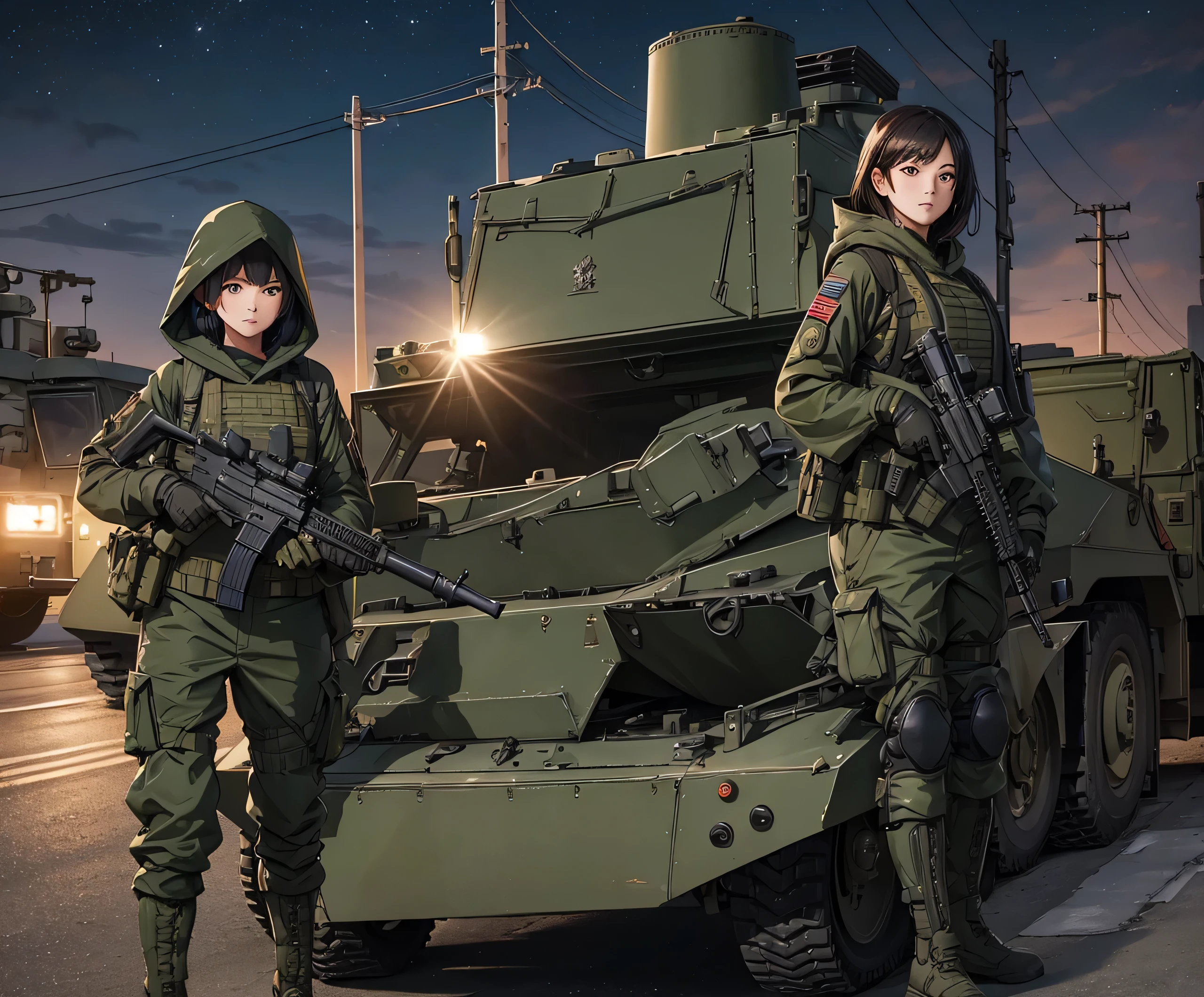 A group of female soldiers guarding an armored vehicle，All wear dark green M-51 hooded military uniforms、Hooded on head、Magazine Pouch、Military Pants、Knee pads，night，Write details、masterpiece、best quality、Highly detailed CG、8K picture quality