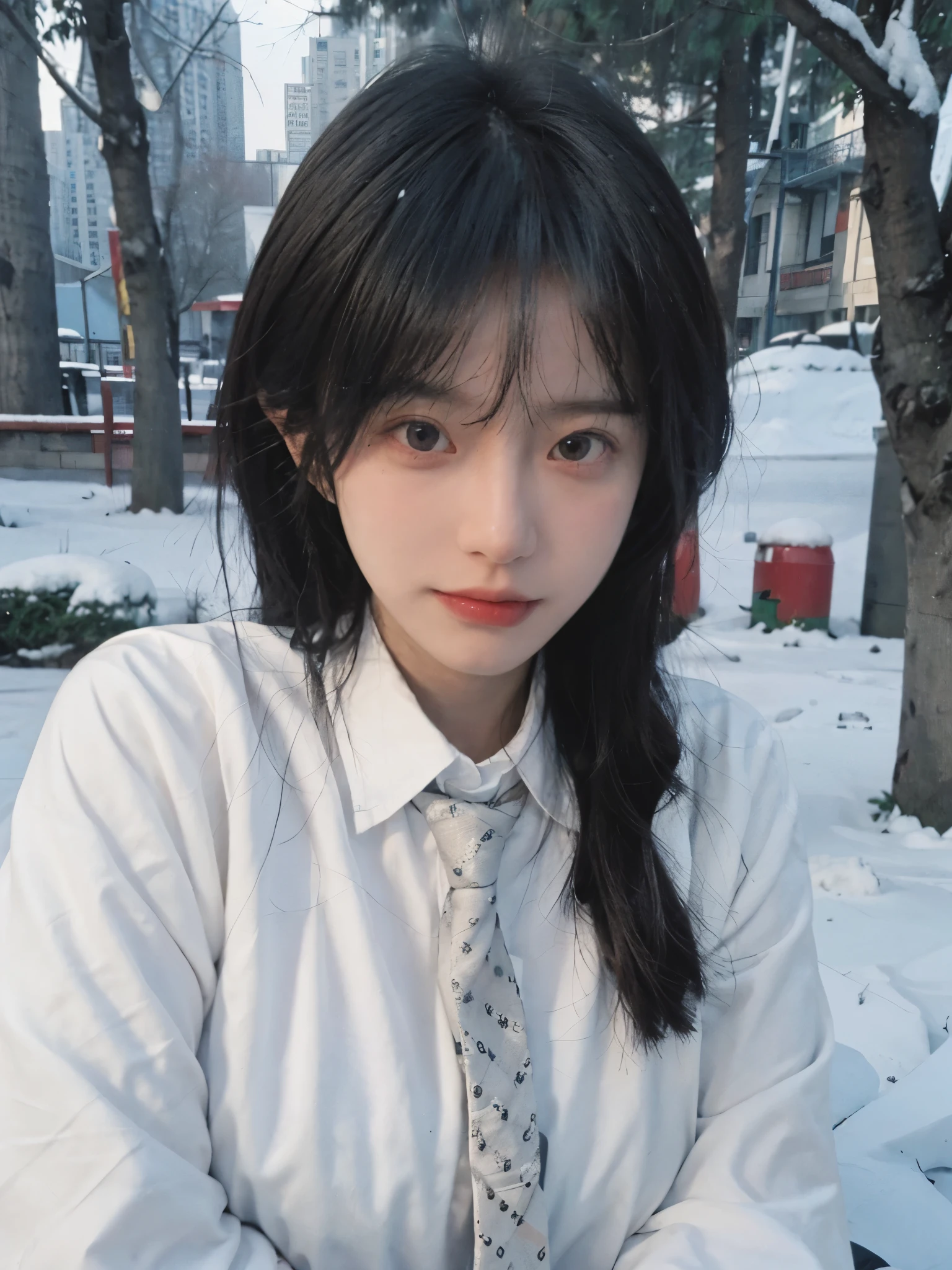 Best quality,masterpiece,Ultra-high resolution,snow,16K,Snow background,(Photo Realism:1.4),1 Girl,JK,Sexy,(Shirt and Tie:1.2),(Big breasts:1.3),(Upper body:1.4)