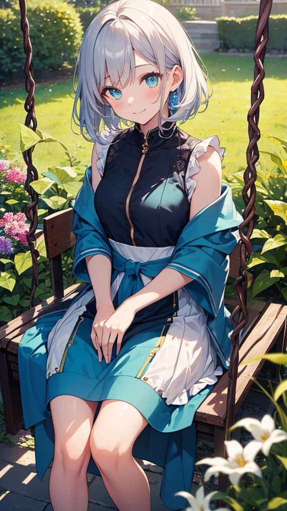 Create an image of a bashful girl with silver hair and cyan eyes, looking down with a nervous smile. Her hair is medium length, slightly wavy, and she wears a simple yet elegant dress with a blue sash. She is sitting on a swing in a lush, sunlit garden, surrounded by blooming flowers and greenery. The camera angle is slightly above, capturing her gentle expression and the vibrant garden. Ensure the image is a masterpiece with the best quality, very detailed, and very delicate.