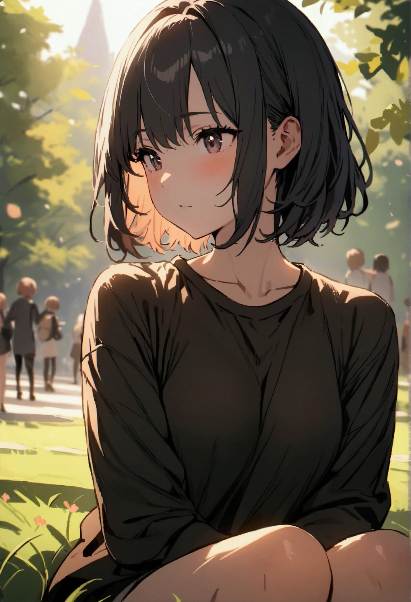 High resolution, masterpiece, One girl, short hair , sit in the park ,wear