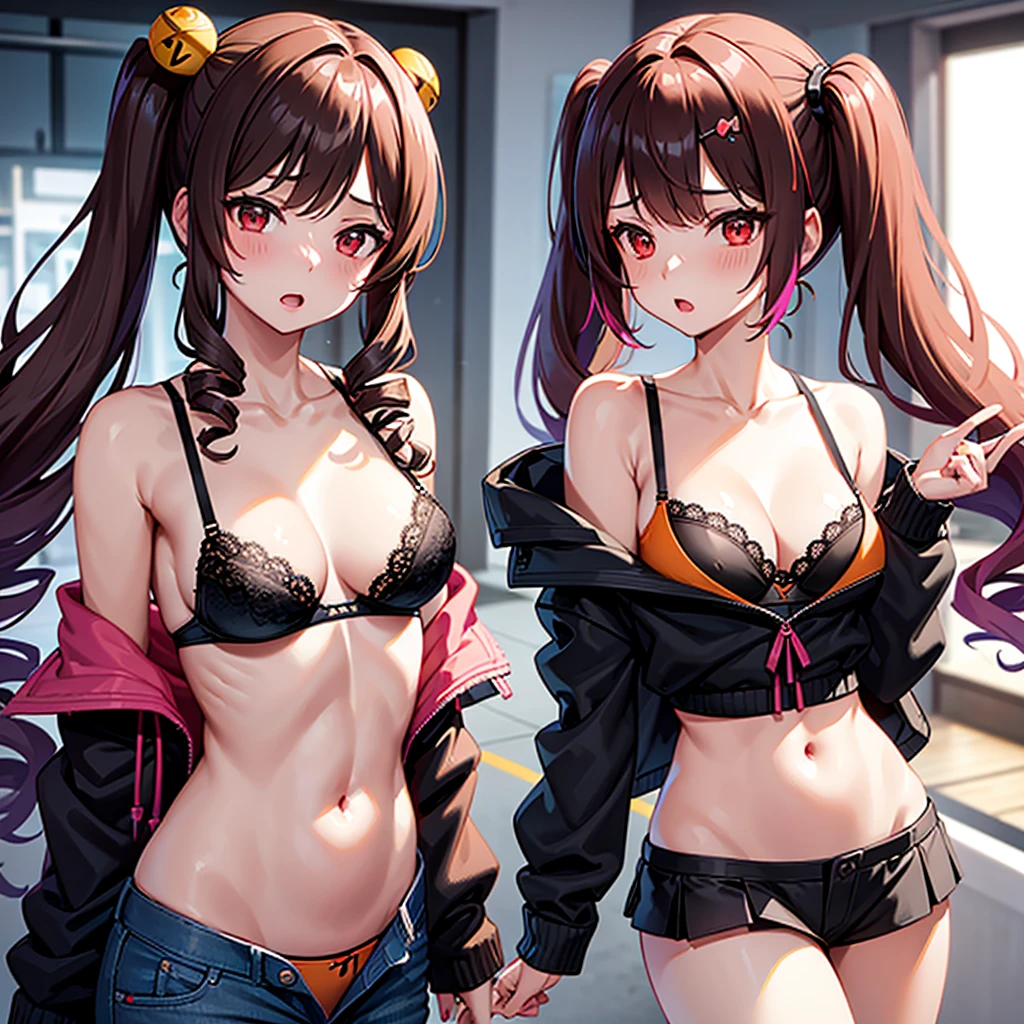 a woman in a bra top and hair, breasts, blush, open mouth, brown hair, hair ornament, red eyes, navel, cleavage, bare shoulders, twintails, medium breasts, underwear, collarbone, jacket, upper body, heart, sidelocks, multicolored hair, open clothes, off shoulder, stomach, open jacket, black jacket, orange eyes, gradient hair, drill hair, black bra, twin drills, forehead, heart hair ornament, lace-trimmed bra