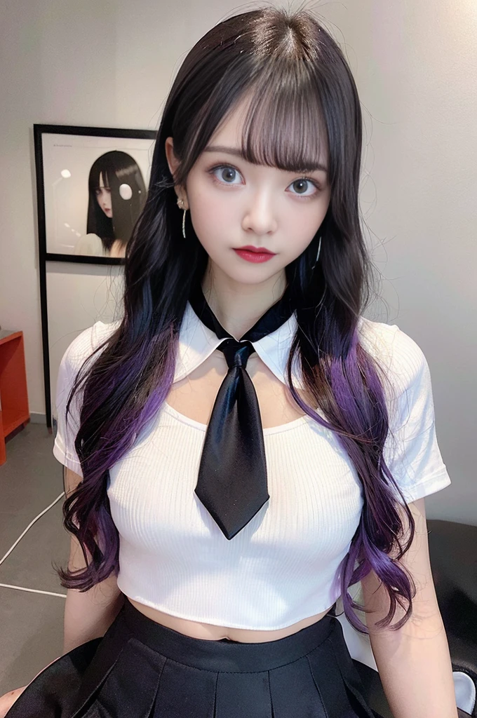 (masterpiece, Highest quality, Highest quality, Official Art, beautifully、aesthetic:1.2), 1 girl, Cinema Lighting、(Key Light:Front 45 degree angle, Subsidy light、Backlight、Shadow、Blue and orange color palette), Accurate human body、Someone knowledgeable、Correct five-finger、RAW Photos、 4K - ultra-vivid、Highest quality, masterpiece, Ultra-high resolution, (reality: 1.4), Colorful Hair、(((Black and purple super shiny latex panties)))、((( Dark Skin , White shirt and tie , high school girl、Cropped shirt , Pleated skirt , Cleavage ,Oilskin)))、(Shiny body: 1.5)、 Be embarrassed、(Ahegao:1.5)、((Black Mask))、Full of embarrassment、Sexy pose、((vapor))、、(((Pink lighting)))、dim, Nasty room、Desaturation in the room (((Oilskin,Glowing Skin、Realistic skin texture、Beautiful skin in every detail、Glowing Skin、Glowing Skin)))、 , Low camera angle, Written boundary depth, Focus on the center, Beautiful Eyes, Perfect face and eyes、 17 years old, (Goth Makeup), (White skin), (T-shirt and skirt), (Show below ), (Fishnet tights), (Belly Button Jewelry), (Earrings), (Earringsのついた唇), /Purple eyes/, /Short black emo hair/, (Bedroom Background), (Big Breasts), (8k), (wallpaper), (Dynamic Lighting), (Detailed face and eyes:1.2)、Short skirt、Low-cut platform boots and oversized shirts、Off the shoulder,Low - Angle、下から撮Shadow、Panty shot