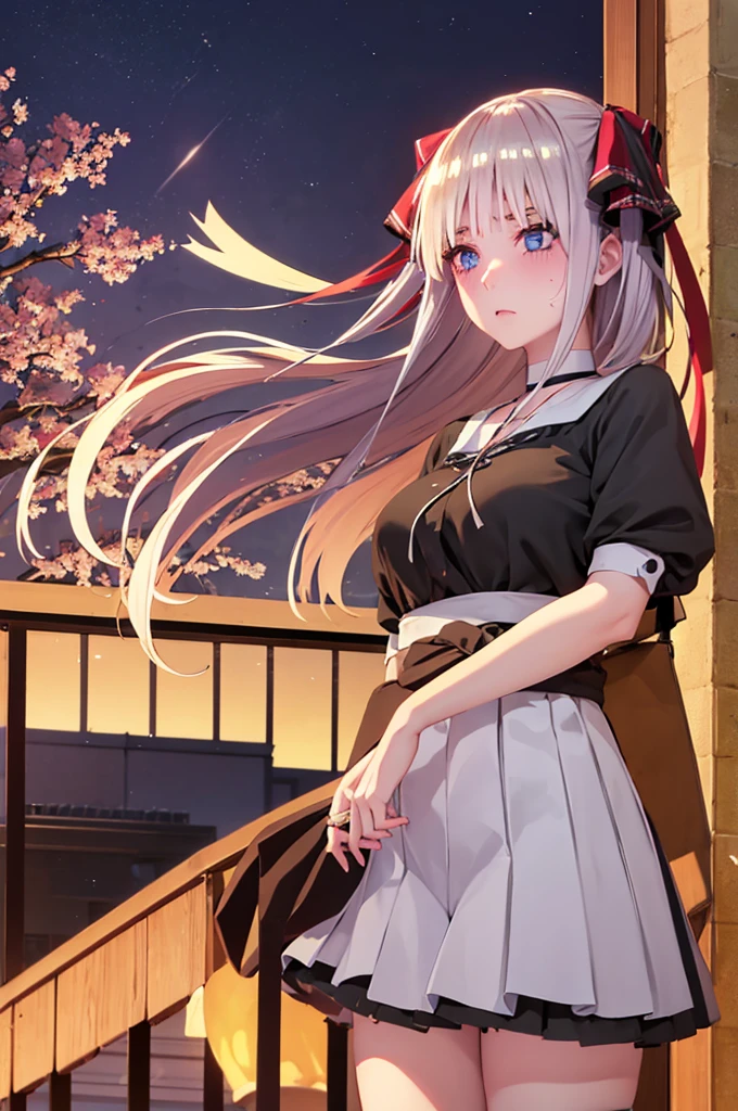One girl,masterpiece,Highest quality,Blonde,stockings,Checked skirt),Short skirt JK,,Are standing,In total length,Medium chest,Very detailed,[[Realistic]],Beautiful and attractive anime teen,Enchanting anime girl,Swinging skirt,blue eyes, hair ornaments, Hair Ribbon,Show your forehead、Twin tails、Random color school girl uniform、Lace choker, short hair,,No bra,,Very detailed肌, Very detailed顔, (Beautiful Fine Eyes, the girl, Red cheeks) ,The girl has a toned figure., Intricate details,Closely、Embarrassed expression、blush、Shining Sweat、Perfect Skin,Sweat is noticeable in the cleavage、、Sweating on thighs is noticeable、 Fair skin,Tight waist, Sweating profusely、Sweaty hair、Sweaty clothes、Sweaty、Visible sweat、Sweat-soaked hair、Athlete System、Cherry blossoms fluttering down、Silver Hair、Night cityscape。Reflection of light、moonlight