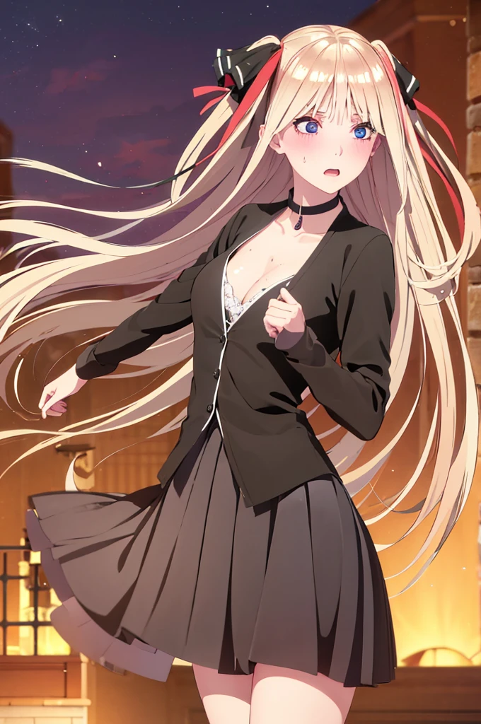 One girl,masterpiece,Highest quality,Blonde,stockings,Checked skirt),Short skirt JK,,Are standing,In total length,Medium chest,Very detailed,[[Realistic]],Beautiful and attractive anime teen,Enchanting anime girl,Swinging skirt,blue eyes, hair ornaments, Hair Ribbon,Show your forehead、Twin tails、Random color school girl uniform、Lace choker, short hair,,No bra,,Very detailed肌, Very detailed顔, (Beautiful Fine Eyes, the girl, Red cheeks) ,The girl has a toned figure., Intricate details,Closely、Embarrassed expression、blush、Shining Sweat、Perfect Skin,Sweat is noticeable in the cleavage、、Sweating on thighs is noticeable、 Fair skin,Tight waist, Sweating profusely、Sweaty hair、Sweaty clothes、Sweaty、Visible sweat、Sweat-soaked hair、Athlete System、Cherry blossoms fluttering down、Silver Hair、Night cityscape。Reflection of light、moonlight