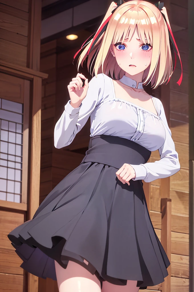 One girl,masterpiece,Highest quality,Blonde,stockings,Checked skirt),Short skirt JK,,Are standing,In total length,Medium chest,Very detailed,[[Realistic]],Beautiful and attractive anime teen,Enchanting anime girl,Swinging skirt,blue eyes, hair ornaments, Hair Ribbon,Show your forehead、Twin tails、Random color school girl uniform、Lace choker, short hair,,No bra,,Very detailed肌, Very detailed顔, (Beautiful Fine Eyes, the girl, Red cheeks) ,The girl has a toned figure., Intricate details,Closely、Embarrassed expression、blush、Shining Sweat、Perfect Skin,Sweat is noticeable in the cleavage、、Sweating on thighs is noticeable、 Fair skin,Tight waist, Sweating profusely、Sweaty hair、Sweaty clothes、Sweaty、Visible sweat、Sweat-soaked hair、Athlete System、Cherry blossoms fluttering down、Silver Hair、Night cityscape。Reflection of light、moonlight