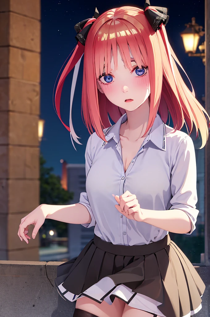 One girl,masterpiece,Highest quality,Blonde,stockings,Checked skirt),Short skirt JK,,Are standing,In total length,Medium chest,Very detailed,[[Realistic]],Beautiful and attractive anime teen,Enchanting anime girl,Swinging skirt,blue eyes, hair ornaments, Hair Ribbon,Show your forehead、Twin tails、Random color school girl uniform、Lace choker, short hair,,No bra,,Very detailed肌, Very detailed顔, (Beautiful Fine Eyes, the girl, Red cheeks) ,The girl has a toned figure., Intricate details,Closely、Embarrassed expression、blush、Shining Sweat、Perfect Skin,Sweat is noticeable in the cleavage、、Sweating on thighs is noticeable、 Fair skin,Tight waist, Sweating profusely、Sweaty hair、Sweaty clothes、Sweaty、Visible sweat、Sweat-soaked hair、Athlete System、Cherry blossoms fluttering down、Silver Hair、Night cityscape。Reflection of light、moonlight