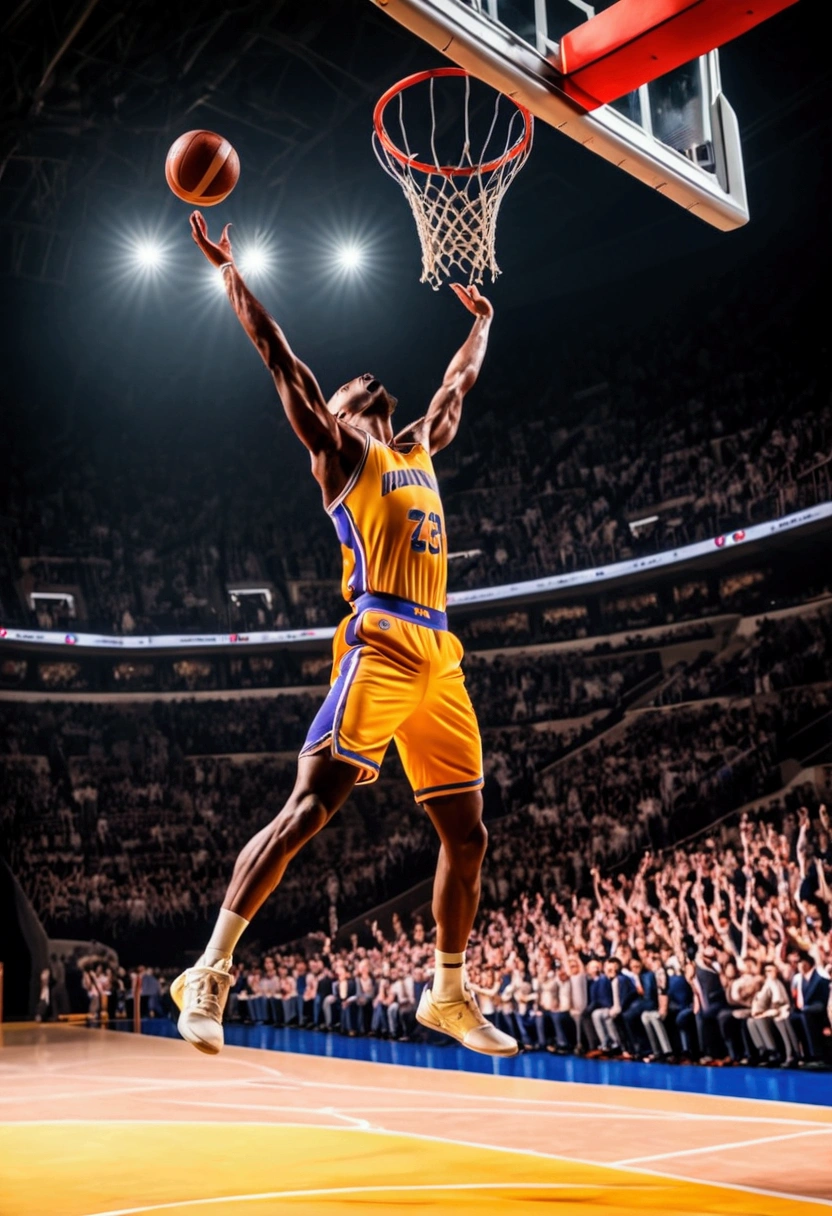 (Game-Winning Dunk), The basketball player unfolded in the air, gripping the ball tightly with both hands, ready to shoot it into the basket with astonishing force. The opposing player looked up in despair, with the background being inside the gymnasium, where light was shining through the roof, full body, award-winning, cinematic still, emotional, vignette, dynamic, vivid, (masterpiece, best quality, Professional, perfect composition, very aesthetic, absurdres, ultra-detailed, intricate details:1.3)