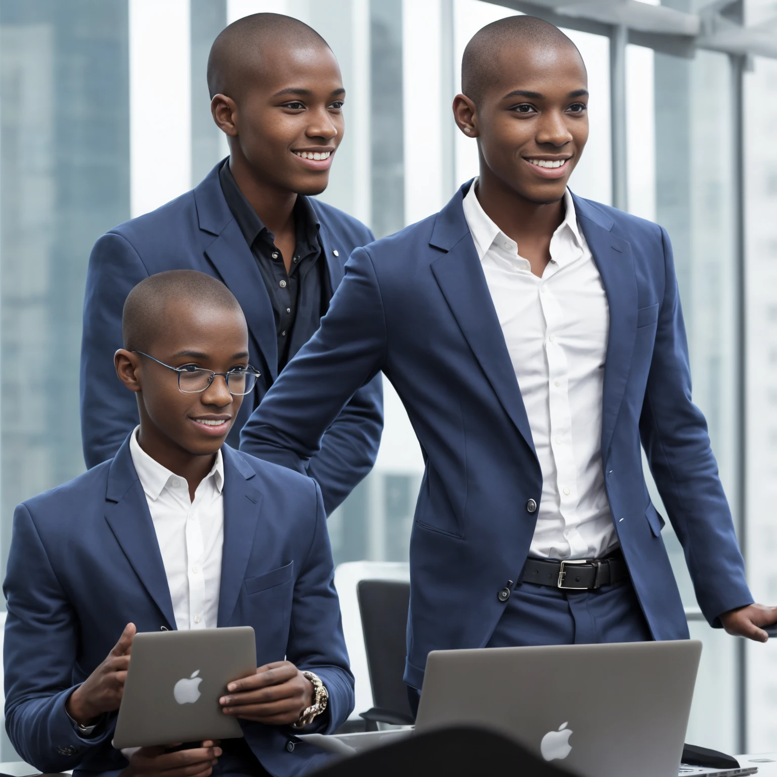 solo, one man, Black boy around 22 years old, good looking and smiling, buzz cut hairstyle, python programmer, inside an office, blue blazer, looking through glass windows, futuristic city, strategist look, laptop, apple laptop, cinematic, ultra realistic, highly detailed (masterpiece)